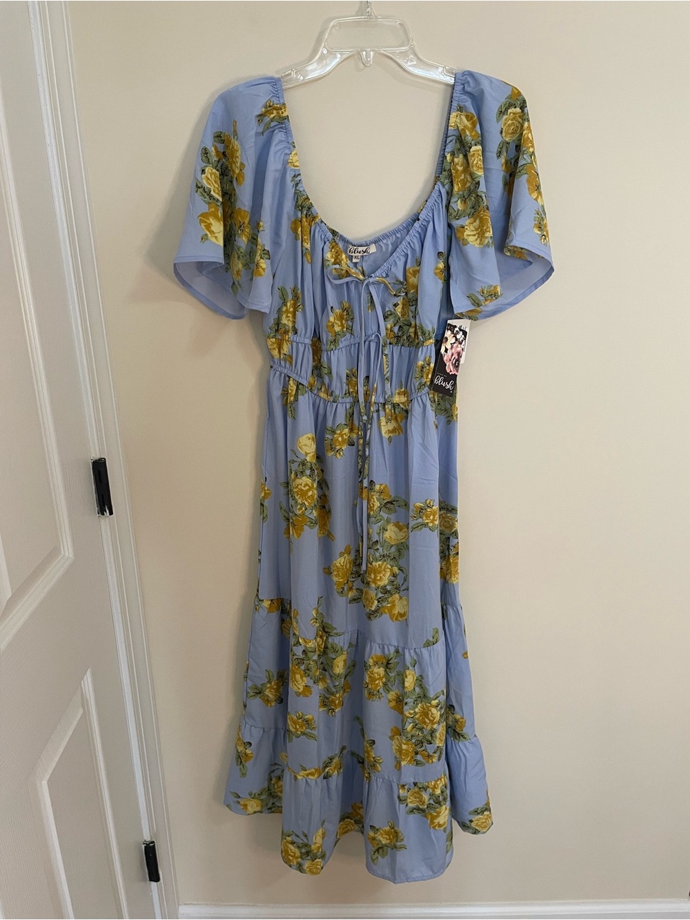 NWT A Hint of Blush Light Blue Floral Maxi Dress with Yellow Roses Women’s Sz XL